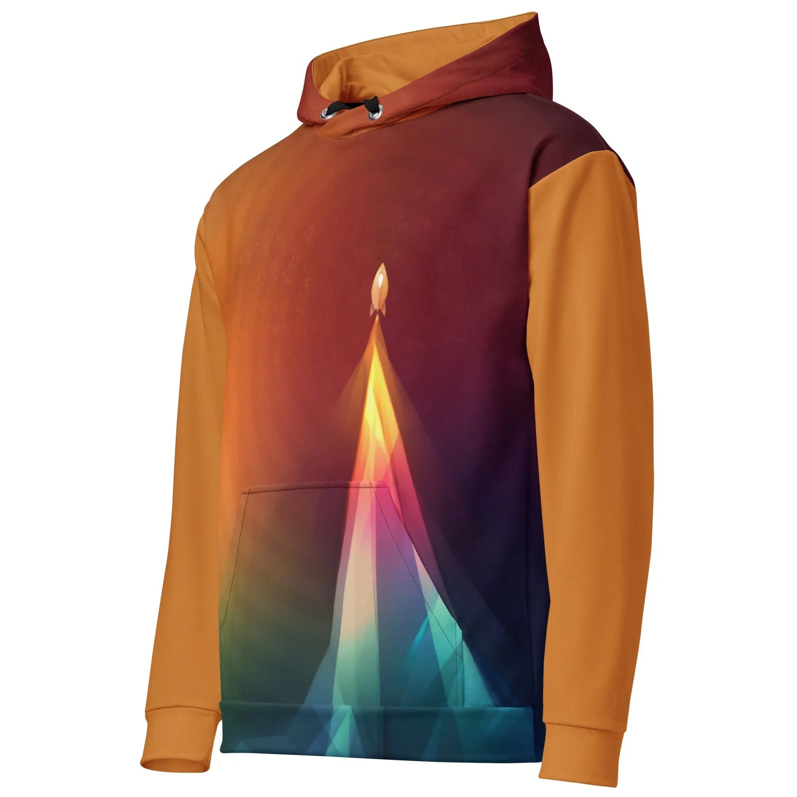 Low Poly Rocket Hoodie - The distinct "shattered glass" propulsion trail rendered in neon yellow, magenta, and turquoise shards cutting through the #591C28 mulberry wine backdrop.