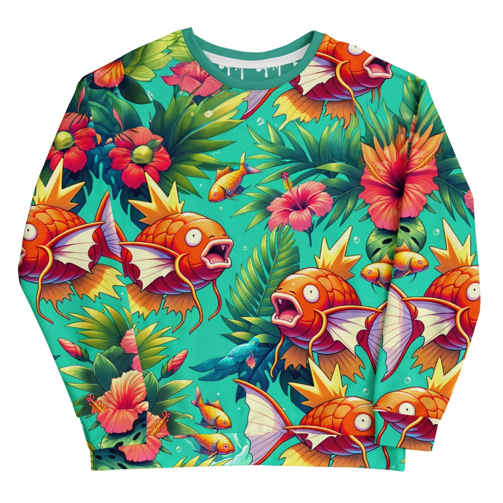 Large, gaping-mouthed orange carp with crown-shaped yellow fins dominate this chaotic yet cheerful underwater ecosystem (evoking a certain clumsy fantasy pocket monster). Contact us with accessibility feedback, we'd love to help!