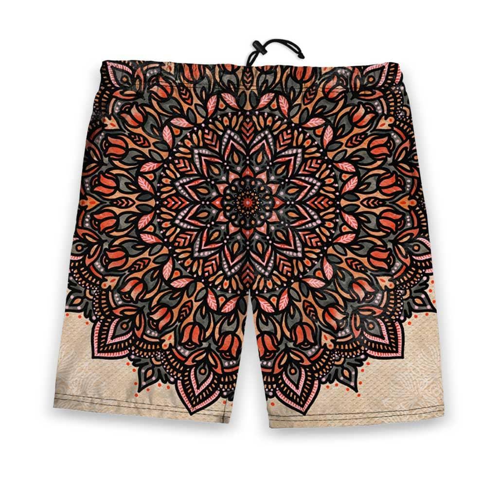 Mandala Men's Gym Shorts - The precise contrast between the "charcoal obsidian" (#2A2F30) detailed lineart and the grainy "antique parchment" (#D9C8B0) negative space.