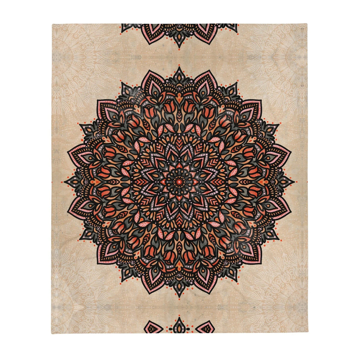 A massive, intricate mandala medallion anchors the design, blooming with stylized tulip petals and teardrop flourishes in perfect radial symmetry. Contact us with accessibility feedback, we'd love to help!