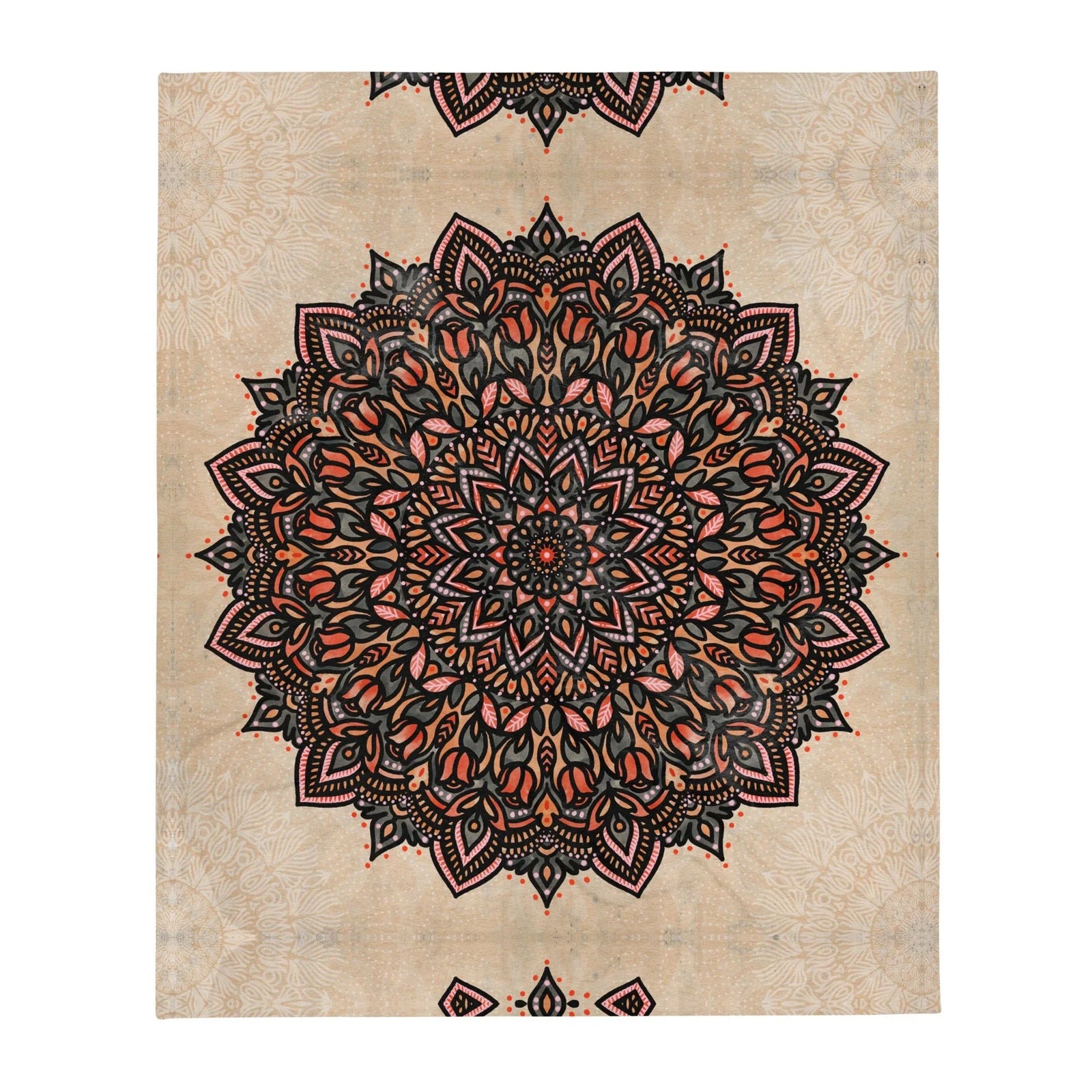 A massive, intricate mandala medallion anchors the design, blooming with stylized tulip petals and teardrop flourishes in perfect radial symmetry. Contact us with accessibility feedback, we'd love to help!