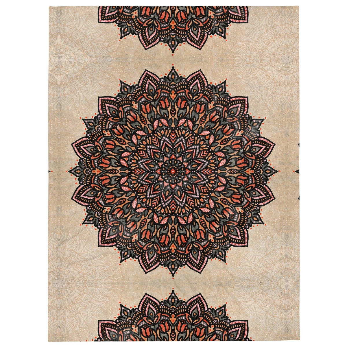 Mandala Plush Blanket - The massive, perfect radial symmetry of the central medallion anchored by deep charcoal onyx (#292929) linework against the sandy parchment field (#DBC2A0).