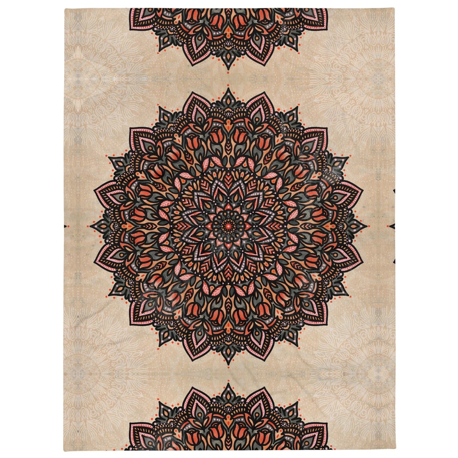 Mandala Plush Blanket - The massive, perfect radial symmetry of the central medallion anchored by deep charcoal onyx (#292929) linework against the sandy parchment field (#DBC2A0).