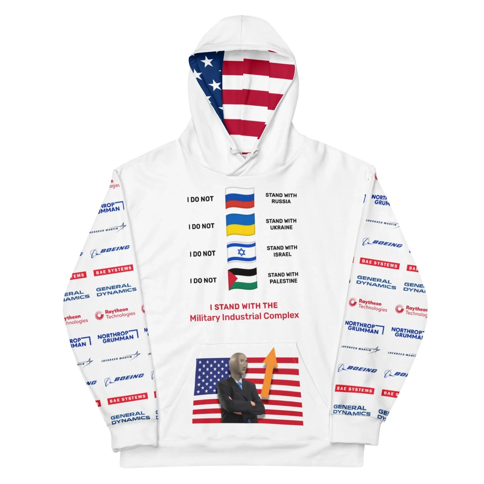 This stark white design centers on geopolitical satire, featuring bold crimson text declaring allegiance to the "Military Industrial Complex" below a list of rejected national flags. Contact us with accessibility feedback, we'd love to help!