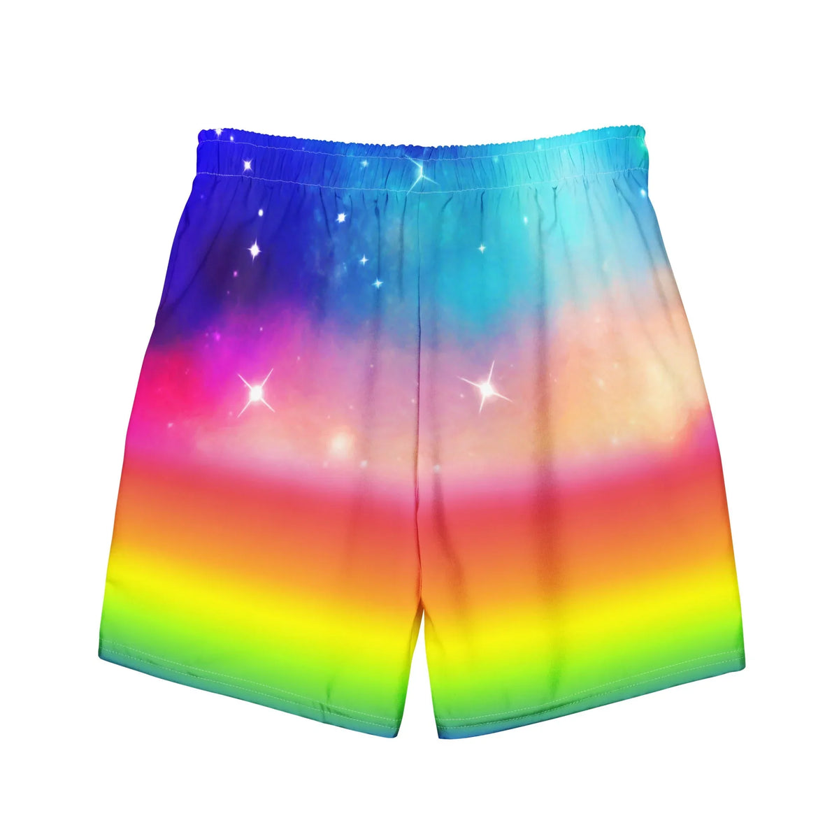 Master of the Galaxy Men's Swim Shorts - The specific frame of the Prince of Eternia in mid-falsetto ecstasy, featuring the signature blonde pageboy cut and bubblegum pink collar against a deep violet (#3A1A68) starfield transitioning to magenta nebula (#E83E8C), citron yellow (#F8E71C), and teal base.