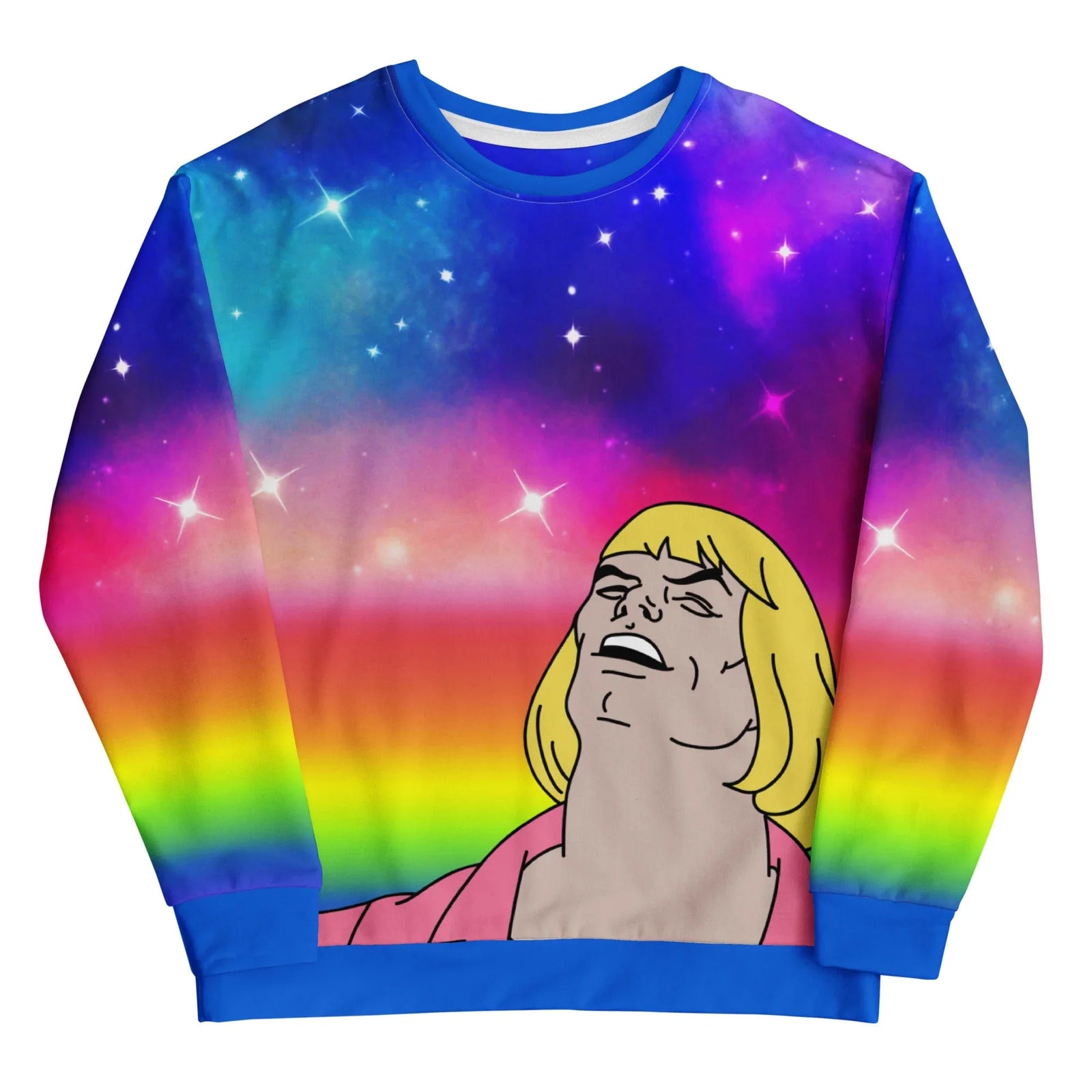 Captured in a euphoric singing pose, a muscular 80s fantasy barbarian (rocking a distinctive electric lemon pageboy bob) dominates this retro-psychedelic scene. Contact us with accessibility feedback, we'd love to help!