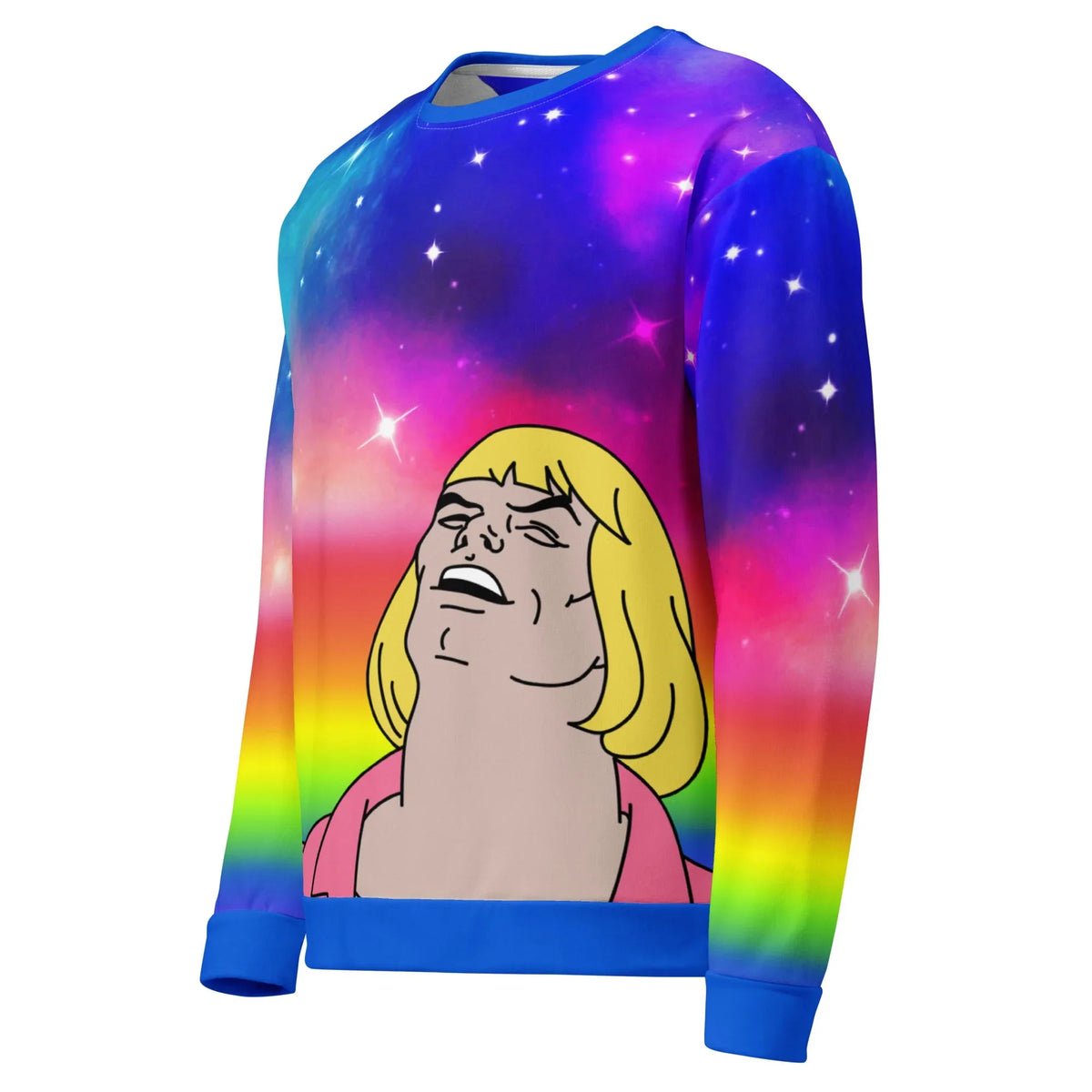 Master of the Galaxy Sweatshirt - The euphoric, head-thrown-back vocalizing pose of the blonde He-Man protagonist against the specific parody video's "fabulous" rainbow nebula gradient (#1E3F96 to #C83296 to #FDEE59).