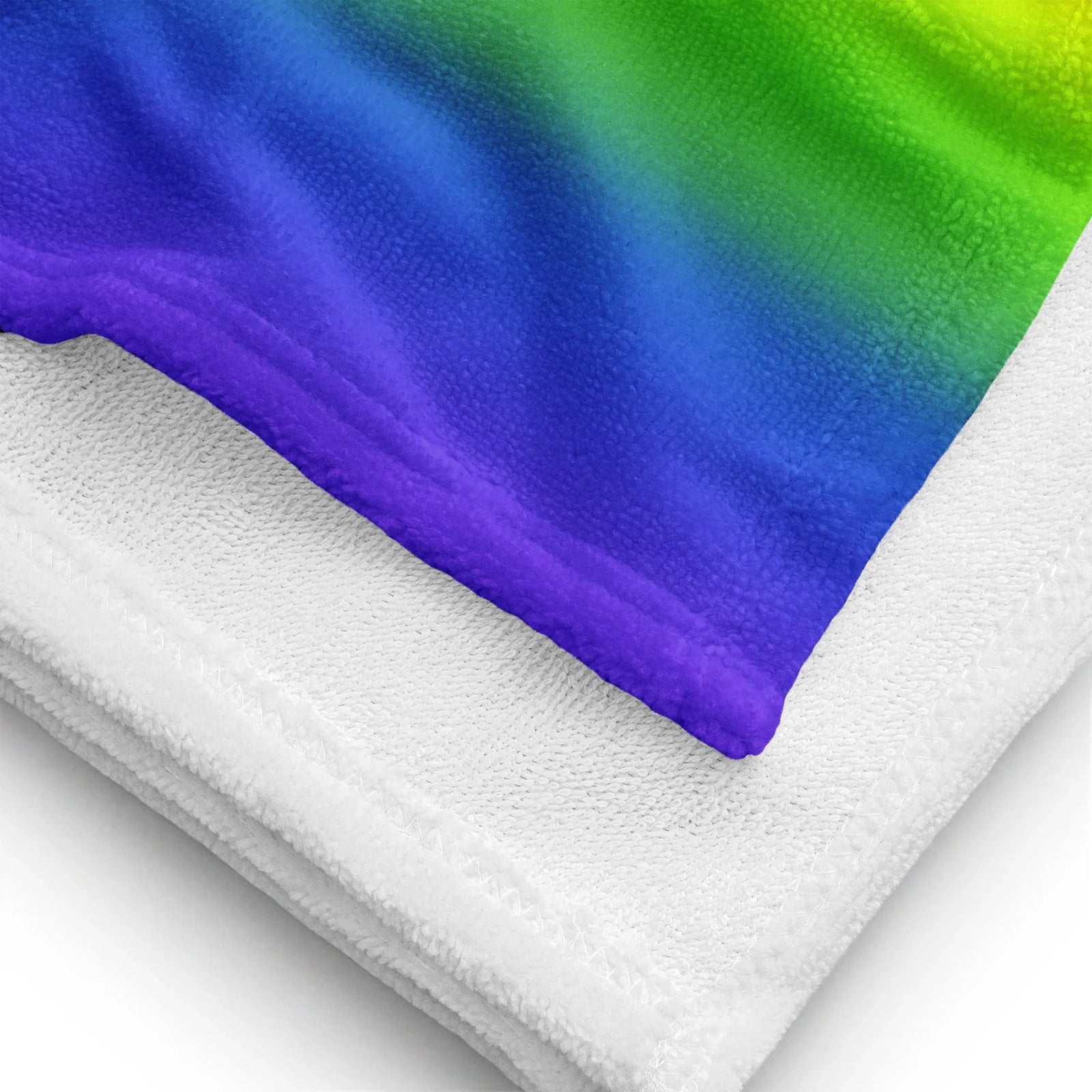 Master of the Galaxy Towels - The distinctive golden pageboy bob (#FCE205) and open-mouthed euphoric singing pose against a rainbow-nebula gradient with tyrian purple accents (#66023C).