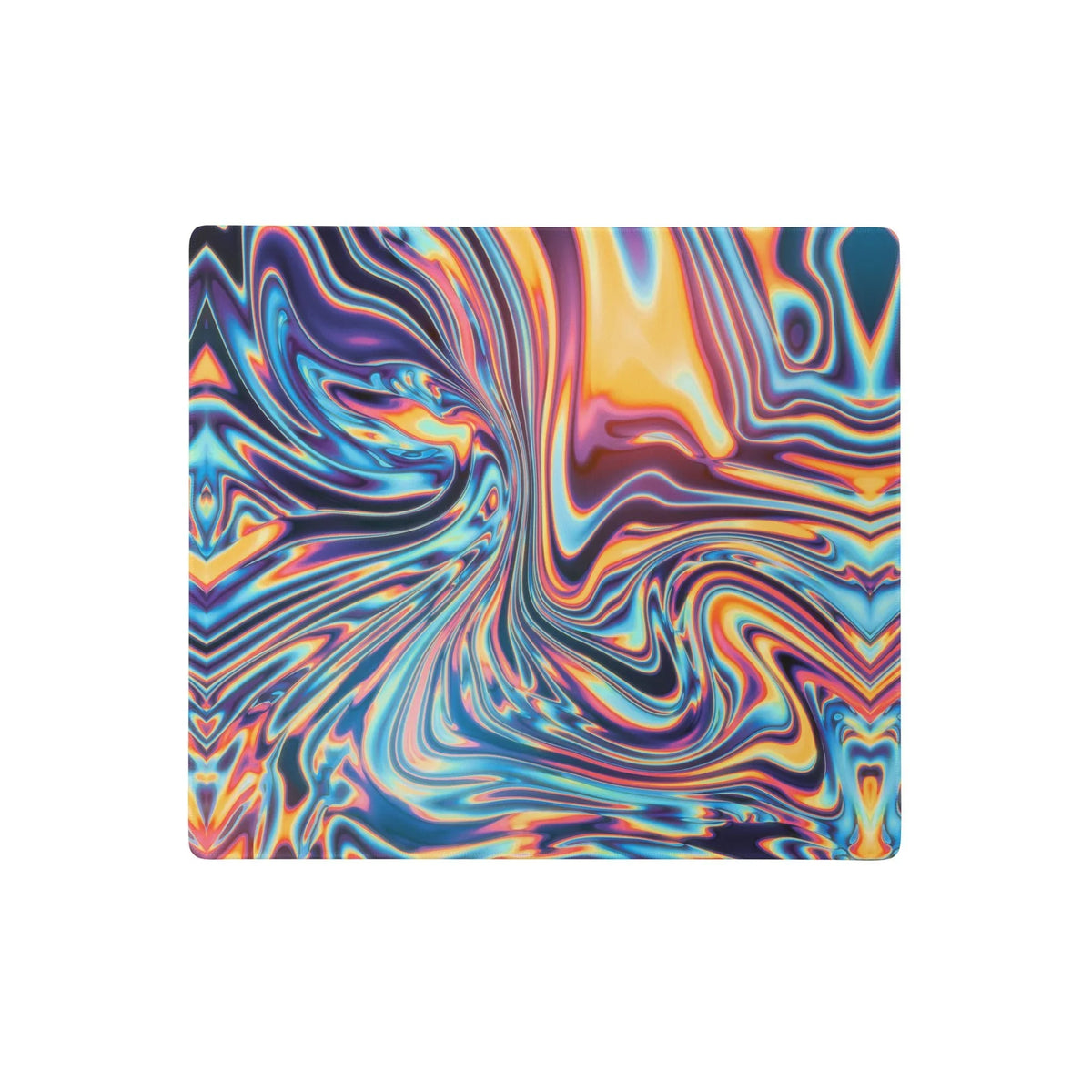 Metallic Flow Desk Mats - The simulation of heat-anodized titanium gradients, specifically where the deep midnight indigo (#18084A) bleeds into electric cyan (#00E5FF) currents, mimicking the chaotic sheen of spilled gasoline on wet pavement