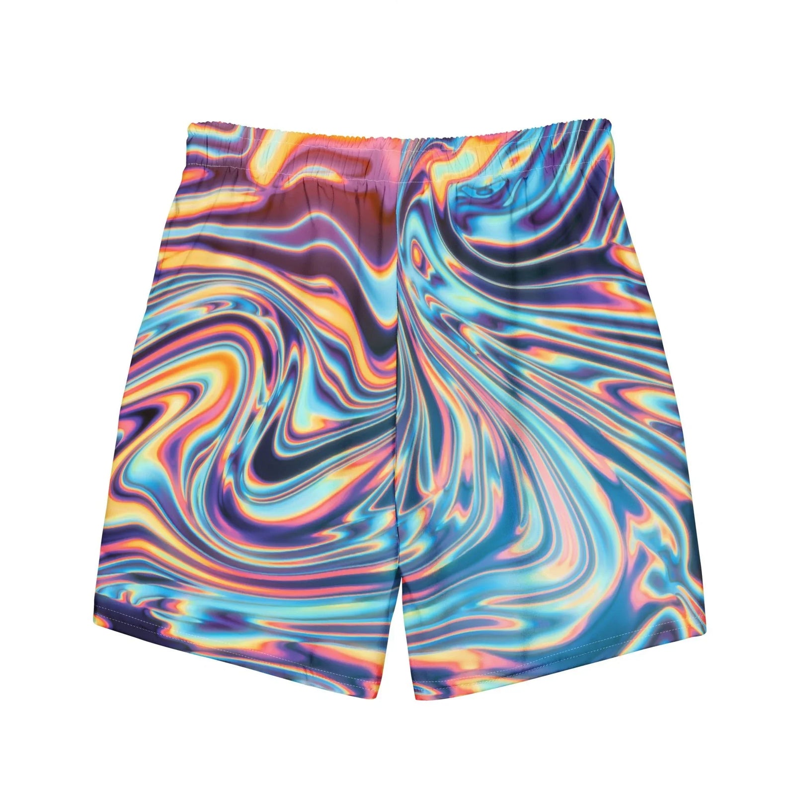 Metallic Flow Men's Swim Shorts - The hyper-saturated contrast between deep cosmic violet (#4D0A94) and electric cyan (#00C6FF), punctuated by solar flare yellow (#FFD700) and hot magenta, simulating a chemically induced oil slick