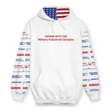 A stark arctic white base contrasts sharply with the provocative crimson red declaration "I STAND WITH THE Military Industrial Complex" centered on the chest. Contact us with accessibility feedback, we'd love to help!