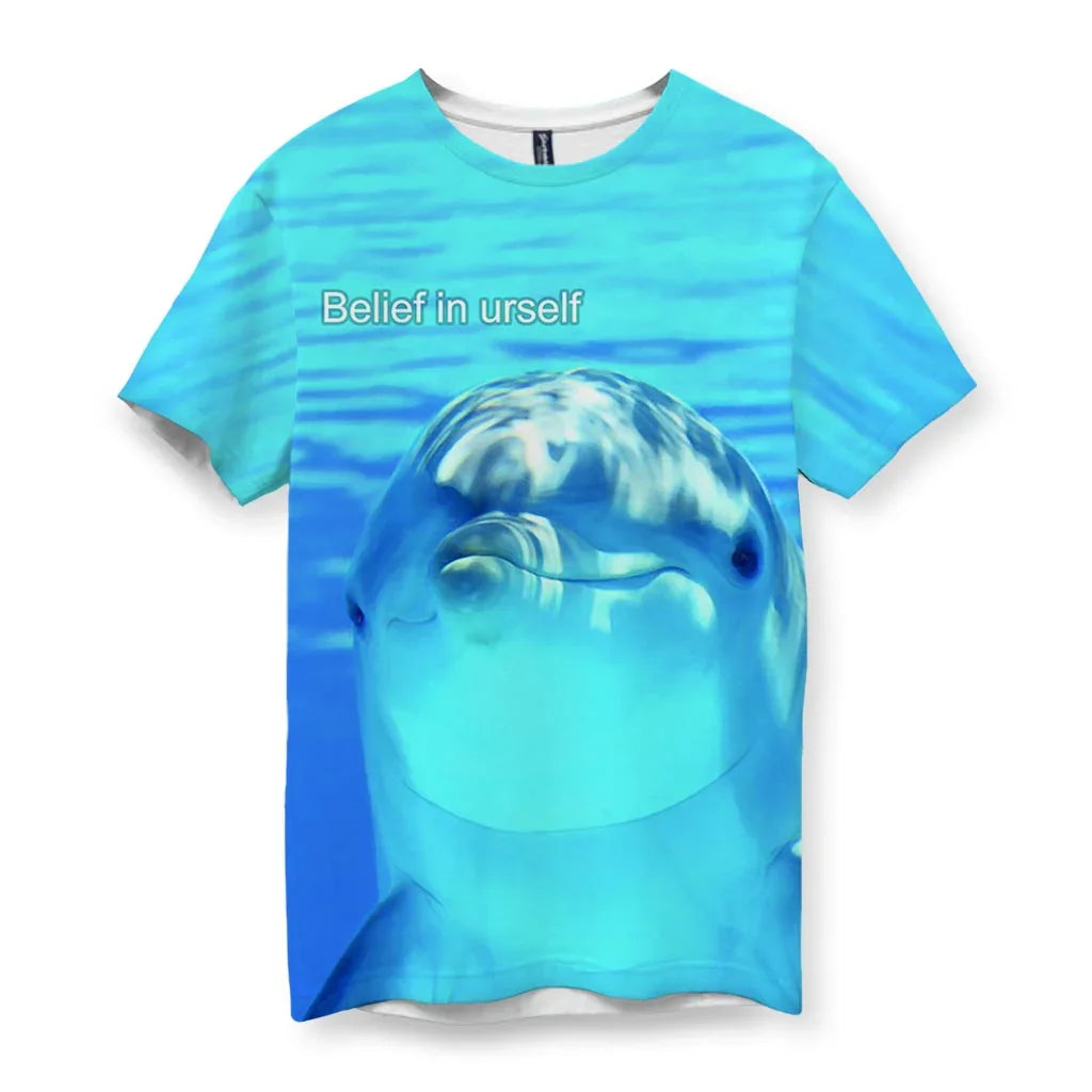 A hyper-saturated, front-facing portrait of a smiling bottlenose dolphin dominates this surreal aquatic canvas. Contact us with accessibility feedback, we'd love to help!