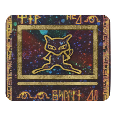 Colorful mouse pad with gold outlined cartoon cat and ancient-style symbols on a starry background