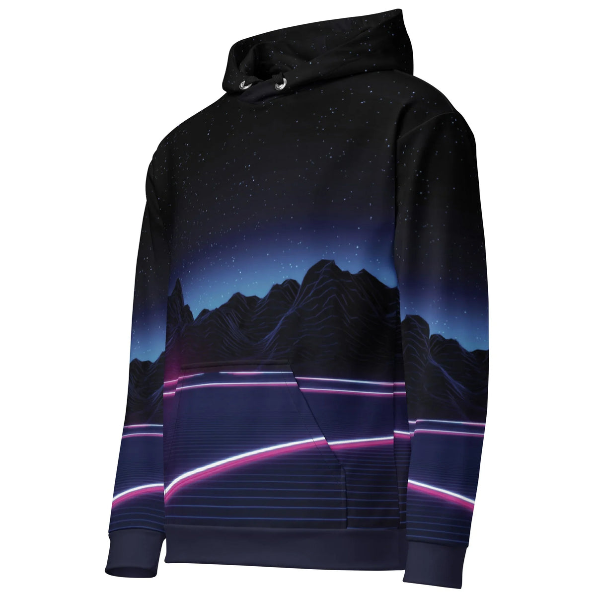 Neon Highway Hoodie in Synthwave Cyber Night. OEKO-TEX® 100, REACH Compliant, GRS Certified.