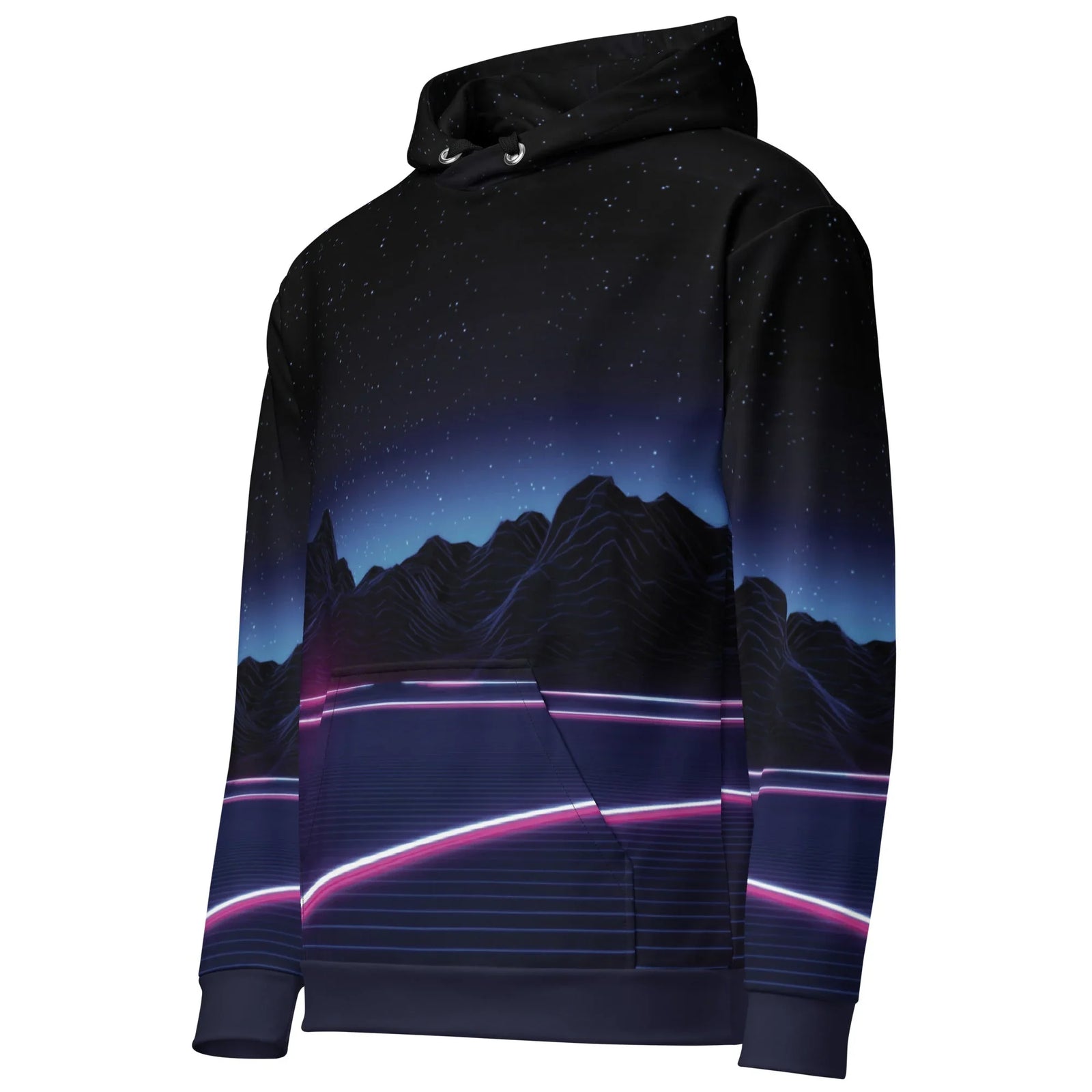 Neon Highway Hoodie in Synthwave Cyber Night. OEKO-TEX® 100, REACH Compliant, GRS Certified.