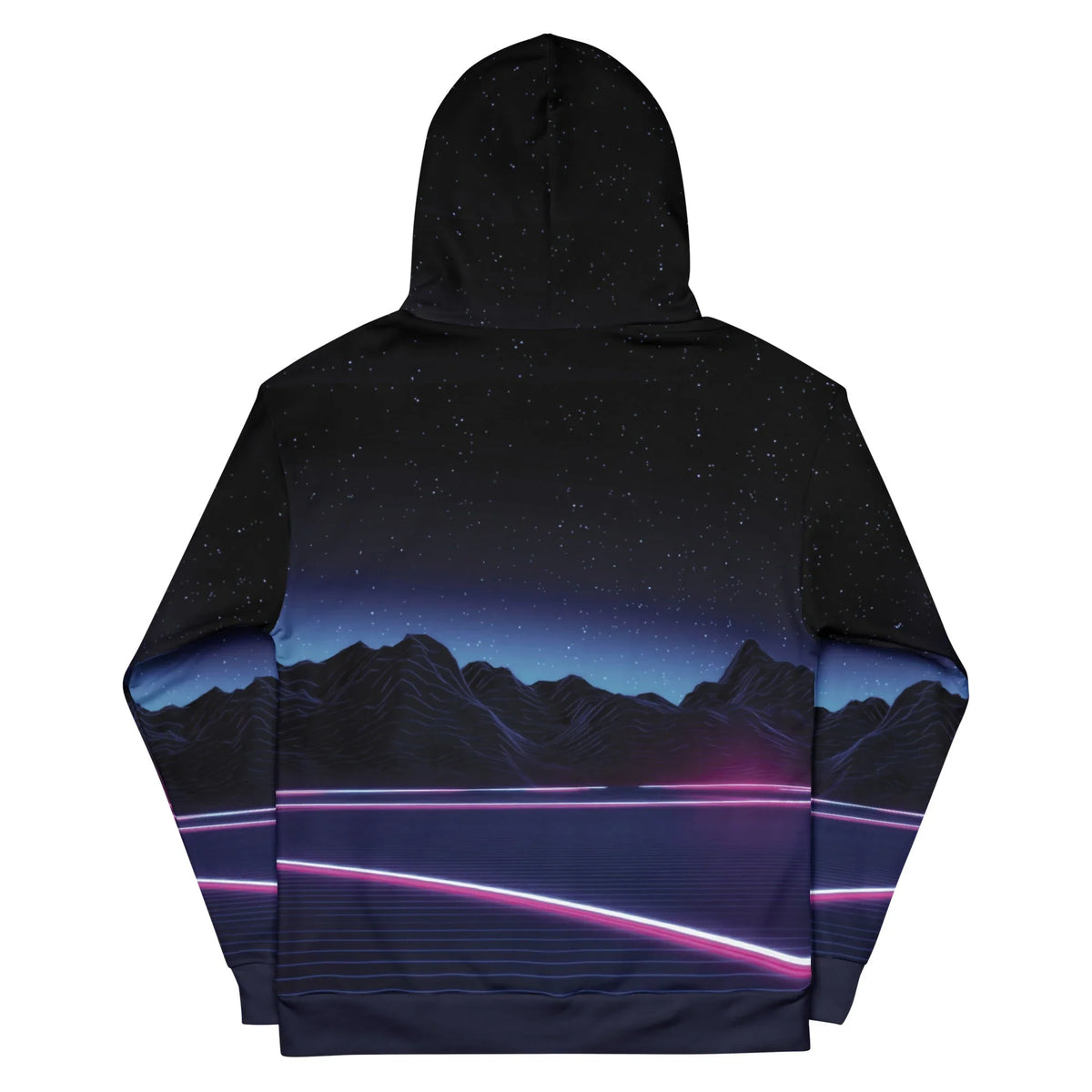 Neon Highway Hoodie - The converging digital perspective grid leading into low-poly mountains, specifically the clash of obsidian black (#0A0C14) and cyber magenta (#FF2A96) streaks.