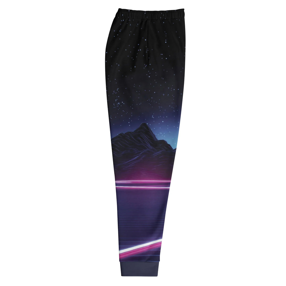 Neon Highway Joggers - The vanishing point perspective of the indigo grid floor (#191970) intersected by the blazing cybernetic fuchsia (#FF00FF) and electric cyan (#00FFFF) laser trails.