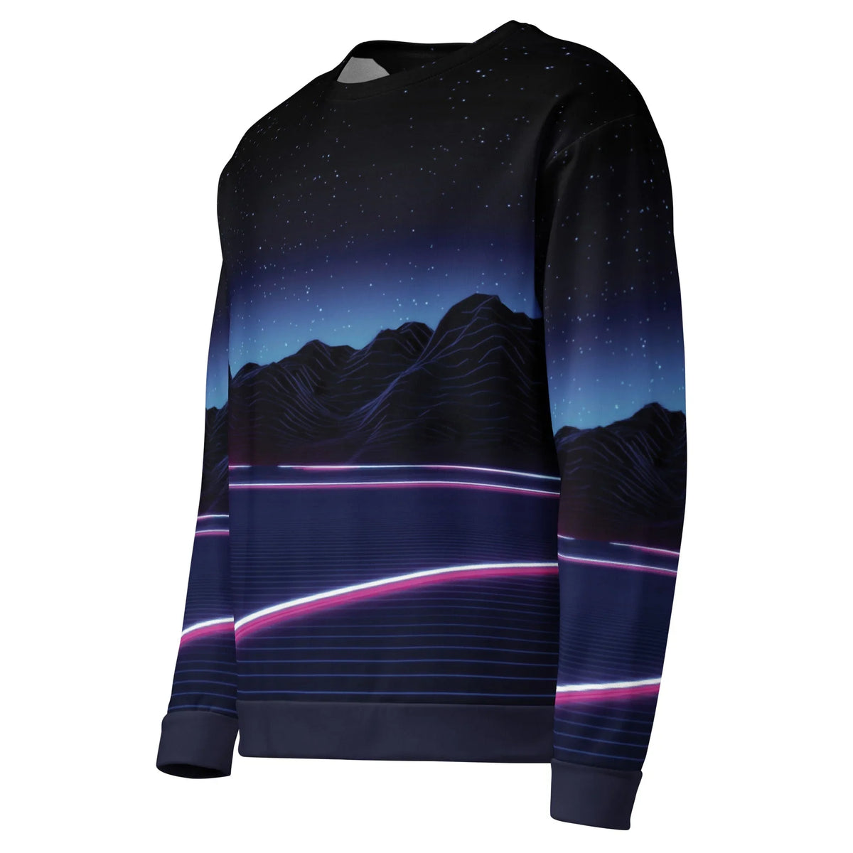Neon Highway Sweatshirt in Synthwave Midnight Void. OEKO-TEX® 100, REACH Compliant, GRS Certified.