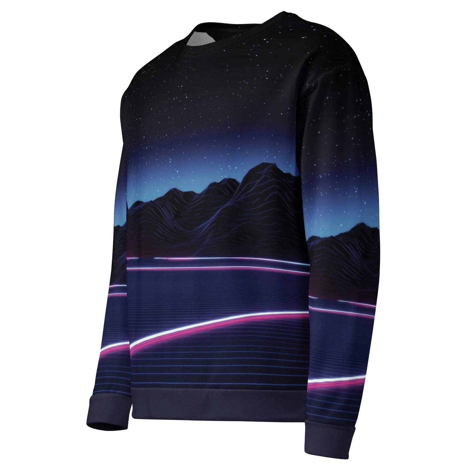 Neon Highway Sweatshirt in Synthwave Midnight Void. OEKO-TEX® 100, REACH Compliant, GRS Certified.