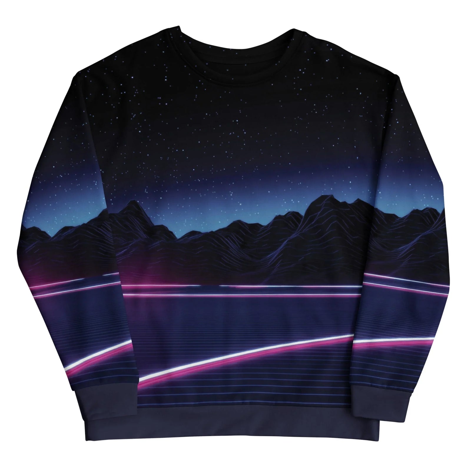 A retro-futuristic synthwave landscape displays a star-speckled cosmos and rugged mountains (clad in deep space obsidian and shadowy indigo) rising above a virtual horizon. Contact us with accessibility feedback, we'd love to help!