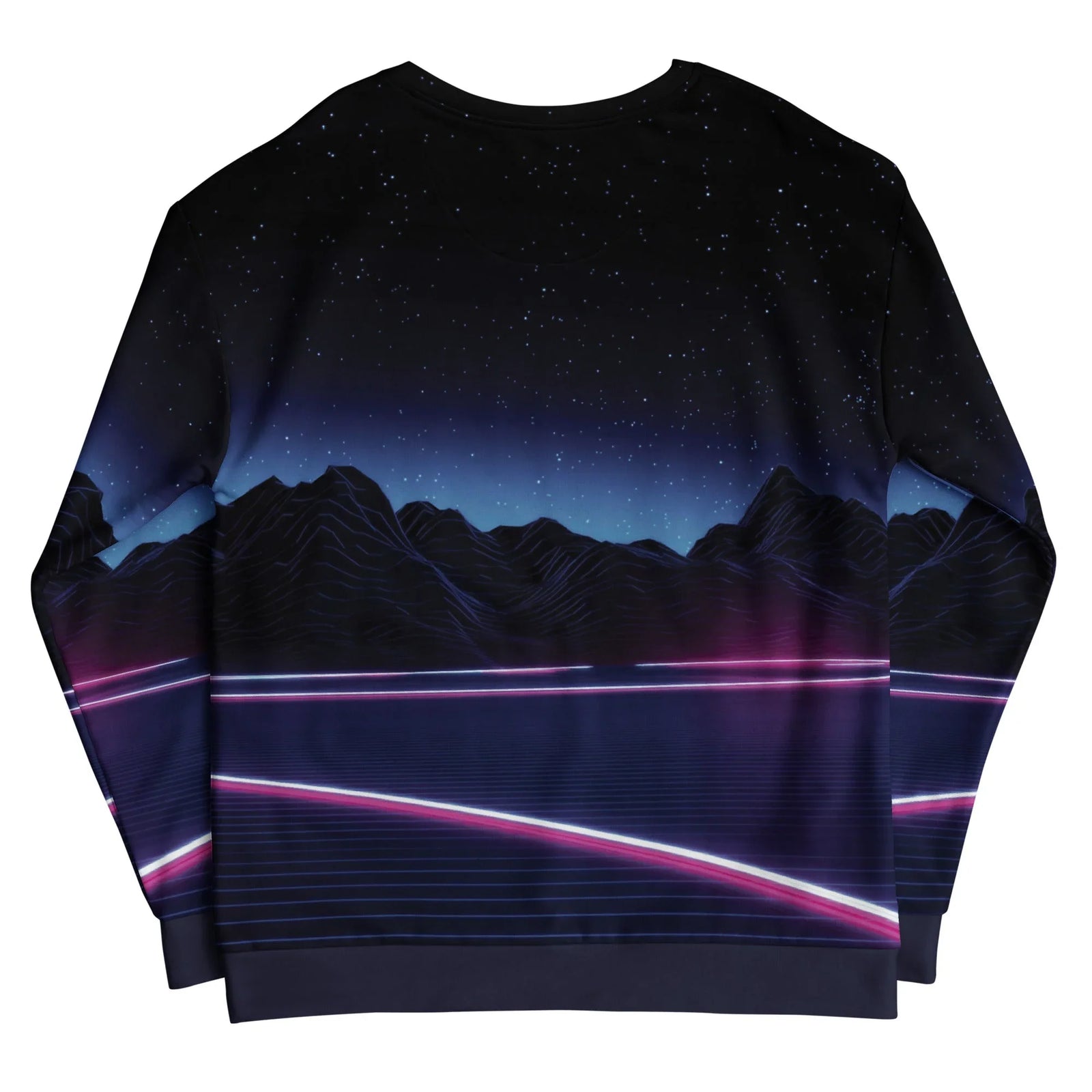 Neon Highway Sweatshirt - The infinite perspective grid leading to a central vanishing point, illuminated by high-contrast electric magenta (#FF00FF) and cyan (#00FFFF) velocity vectors against a deep space backdrop.