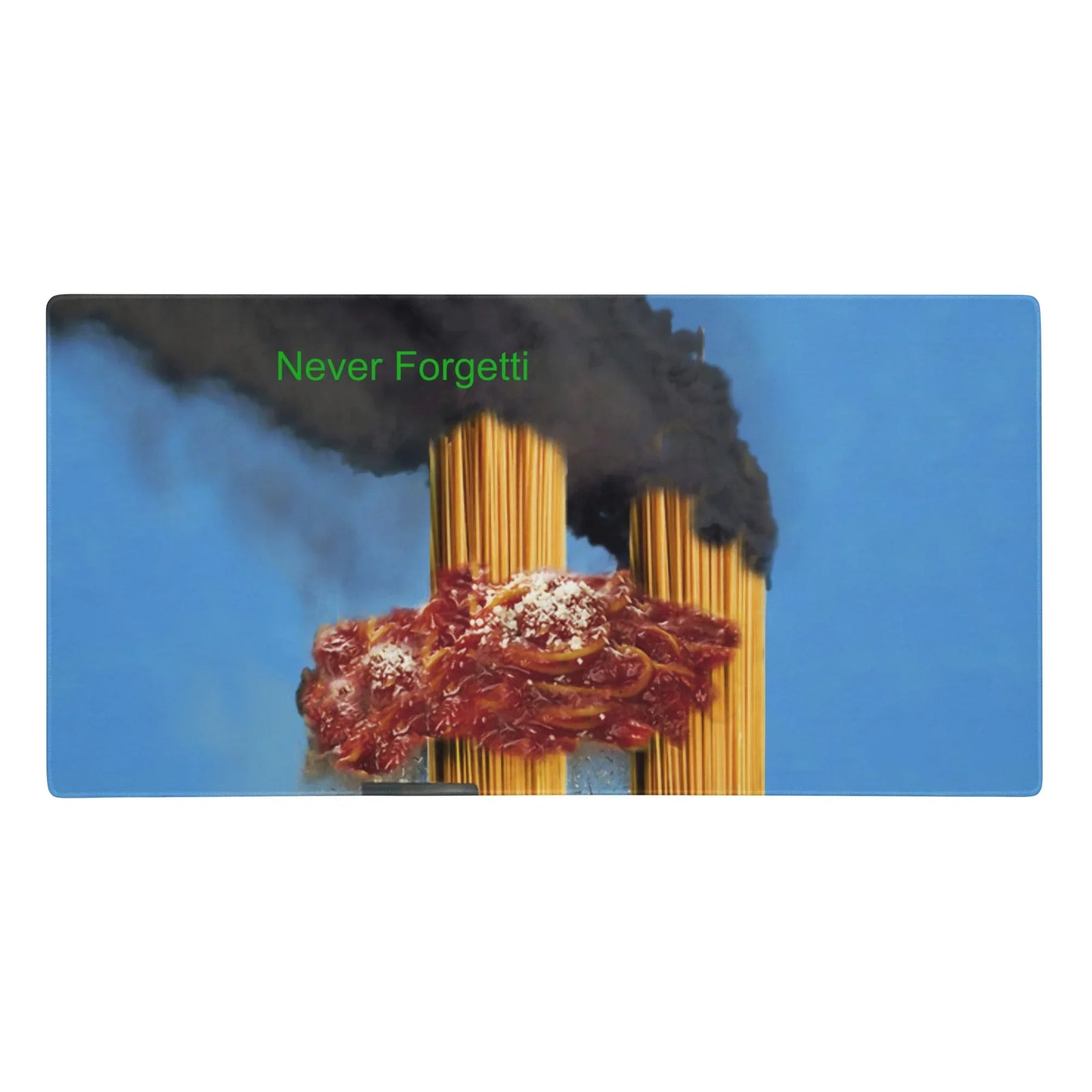 Set against a vivid cerulean sky blue, this surreal design depicts architectural monoliths of uncooked golden wheat pasta struck by a chaotic mass of spaghetti and meatballs. Contact us with accessibility feedback, we'd love to help!