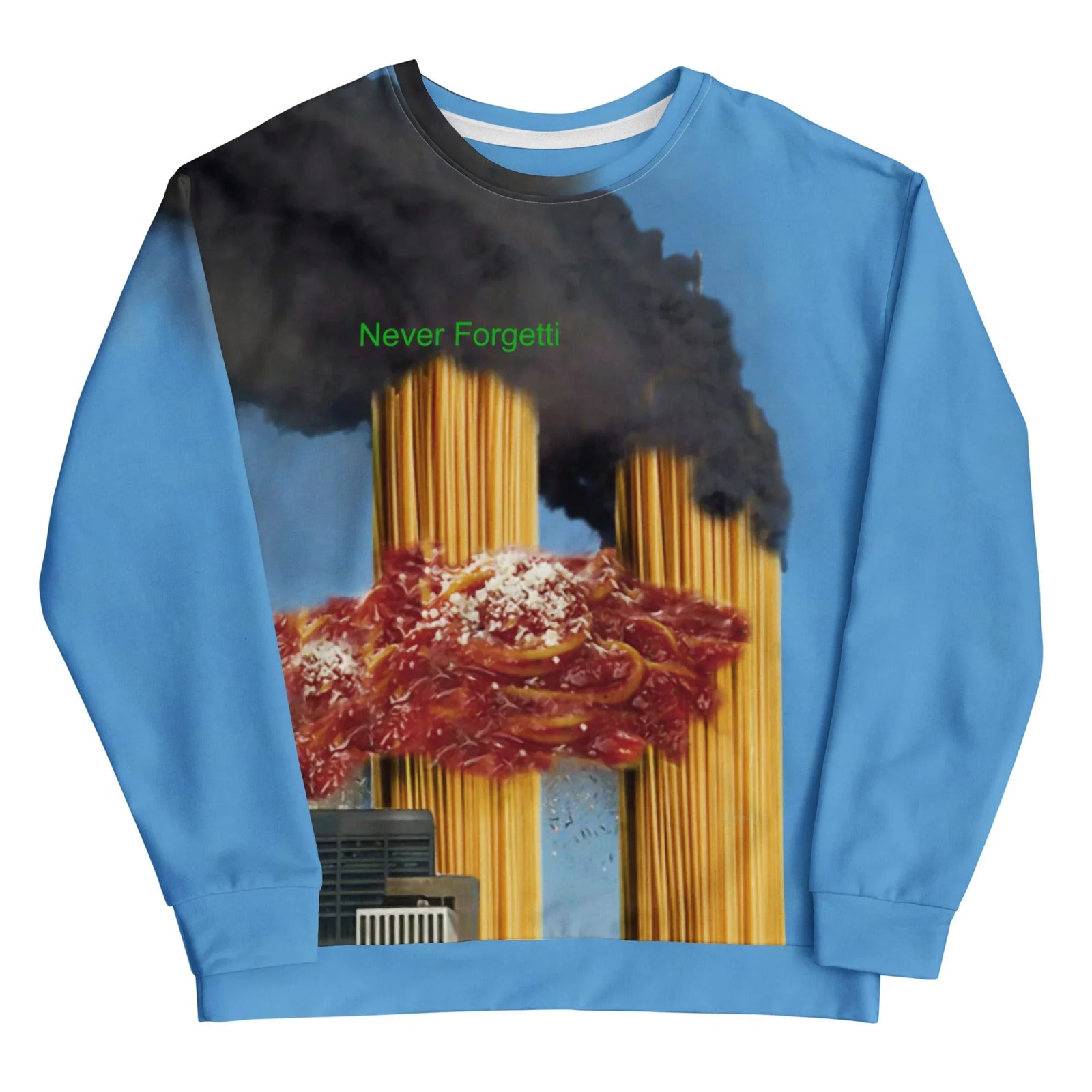 A surreal internet meme aesthetic defines this graphic, set against a vivid cerulean sky blue background. Contact us with accessibility feedback, we'd love to help!