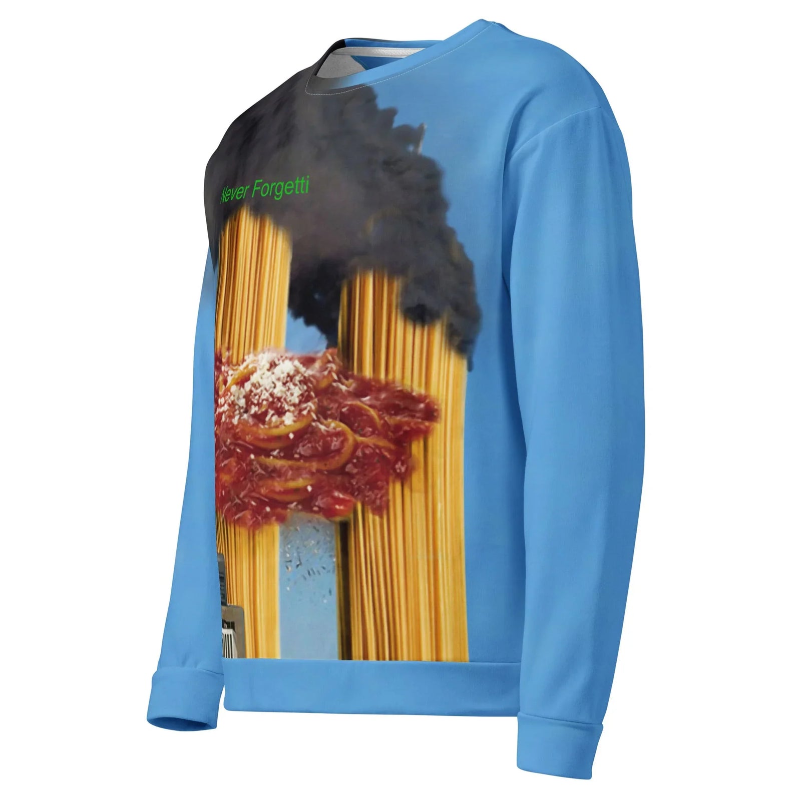 Never Forgetti Sweatshirt - The twin skyscrapers rendered in golden-yellow pasta strands (#E3B658) collapsing under a marinara sauce impact (#990000) with billowing charcoal smoke and parmesan dusting, set against a cerulean sky blue background (#4A90E2) and captioned with the digital lime green (#32CD32) "Never Forgetti" header.