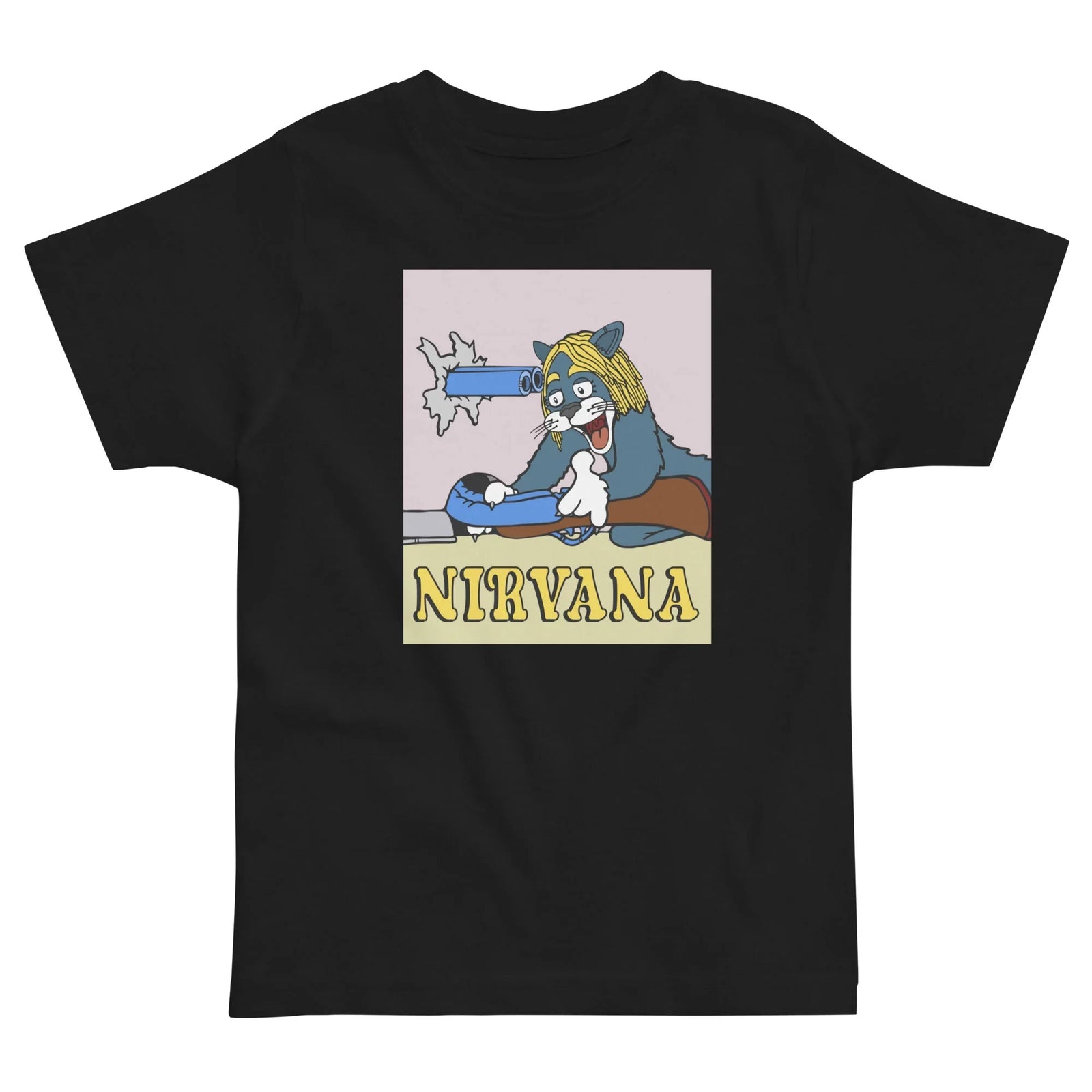 Nirvana Kid's Tee - The specific addition of the shaggy **golden straw yellow (#F0E17C)** curtain hairstyle onto the grey tuxedo cat, creating an instant, morbid association with 1990s grunge iconography.
