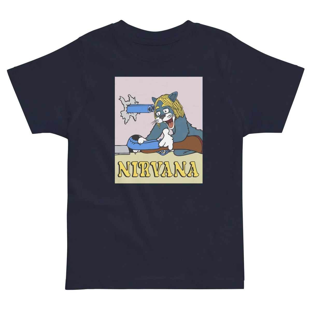 A midnight navy tee showcases a rectangular chest print on a muted lavender-pink background, featuring a grey tuxedo cat with shaggy golden straw yellow hair wielding a shotgun with slate blue barrels. Contact us with accessibility feedback, we'd love to help!