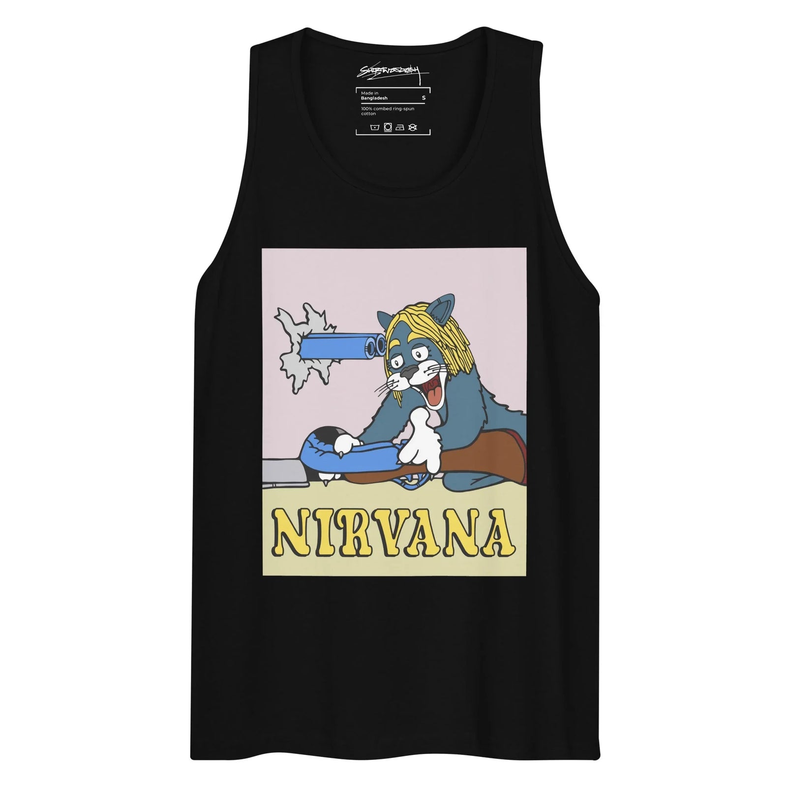 Nirvana Men's Tank - The specific juxtaposition of the slate blue feline (#455E75) wearing the shaggy grunge-era blonde wig (#E8D768) while holding a comic-bent shotgun, set against a muted dusty lilac background (#DAC4CE) with bold yellow serif typography (#E8D768).