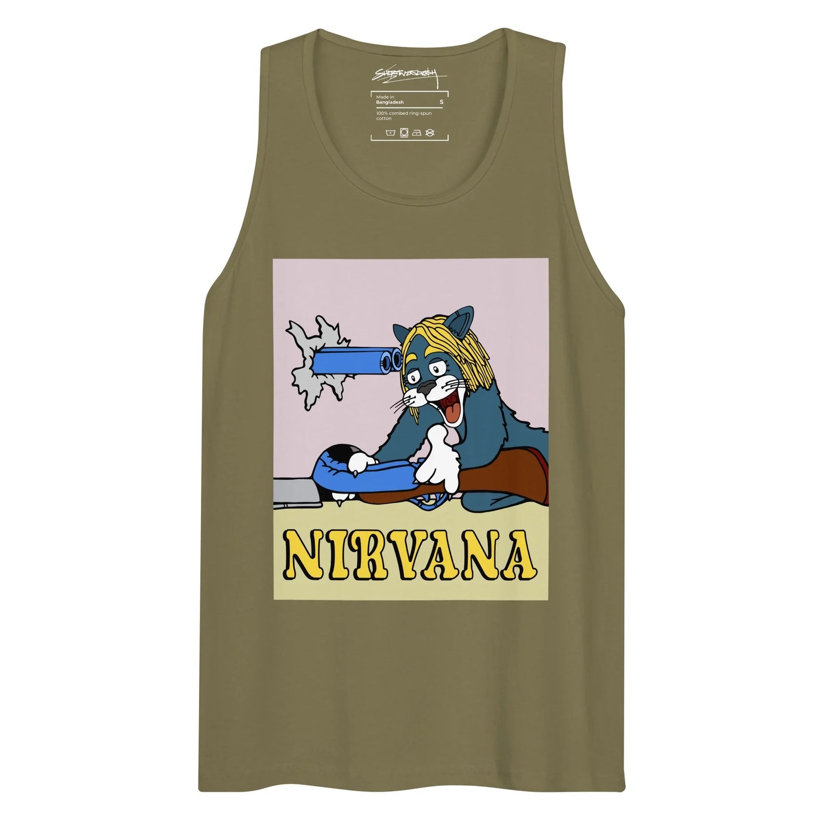 A deep olive drab tank showcases a retro cartoon mashup: a slate blue cat in a shaggy blonde wig clutches a shotgun that's bent backward through a wall, aimed at himself with wide-eyed panic. Contact us with accessibility feedback, we'd love to help!