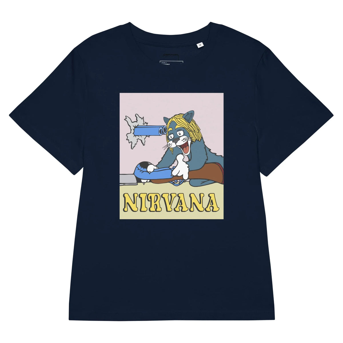 Nirvana Women's Tee - The juxtaposition of the slate grey feline (#5D6E85) wearing the iconic grunge gold wig (#F7D358), framed by the slapstick mechanics of the bent blue shotgun barrel (#3A5FCD).
