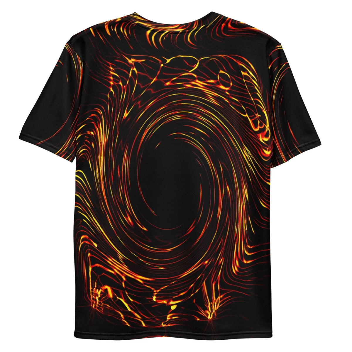 One Card Face Down T-Shirt - The centralized, spiraling magma orange (#FF4500) and amber (#FFB700) vortex on a void black (#000000) background, mimicking the iconic reverse side of a Duel Monsters deck.