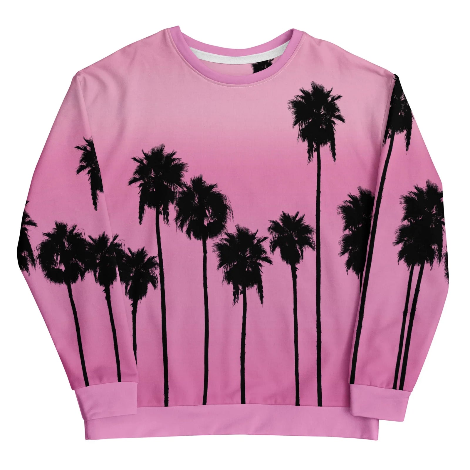 Radiating retro-tropical energy, this high-contrast design sets a vaporwave-inspired mood against a vibrant bubblegum rose backdrop (evoking a stylized Miami sunset). Contact us with accessibility feedback, we'd love to help!