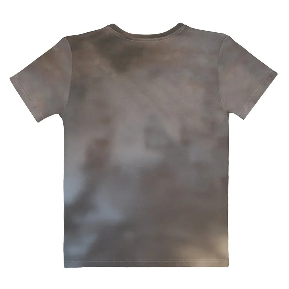Pancake Astronaut Women's Tee - The jarring anatomical substitution of the EVA helmet with a high-definition stack of golden-brown pancakes (#D4AF37) dripping with amber syrup (#CC7722), set against a mottled dark taupe background (#655D5B) for a smoky, atmospheric effect.