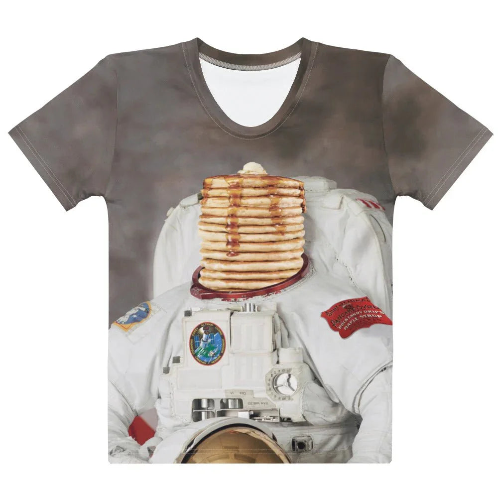 Pancake Astronaut Women's Tee in Cosmic Maple Taupe. OEKO-TEX® 100, REACH Compliant, Zero-Wastewater Printing.