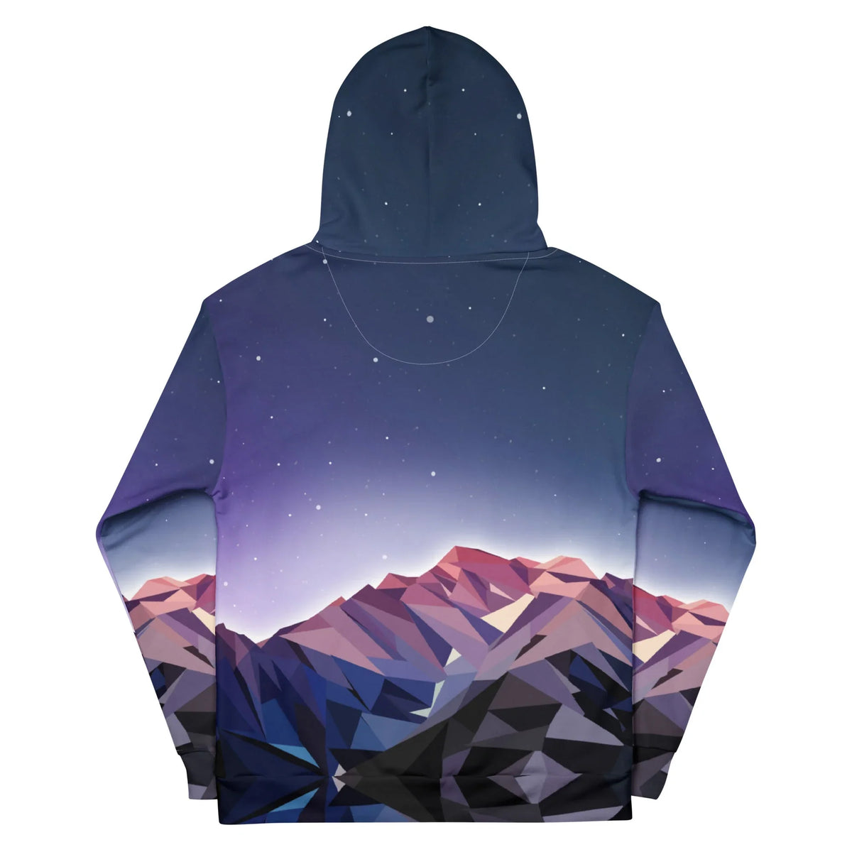 Poly Mountain Hoodie - The jagged, non-curved tessellation of the mountain range, specifically where the coral alpenglow (#D67B77) hits the triangular facets against the deep indigo geometric shadows (#181C35)
