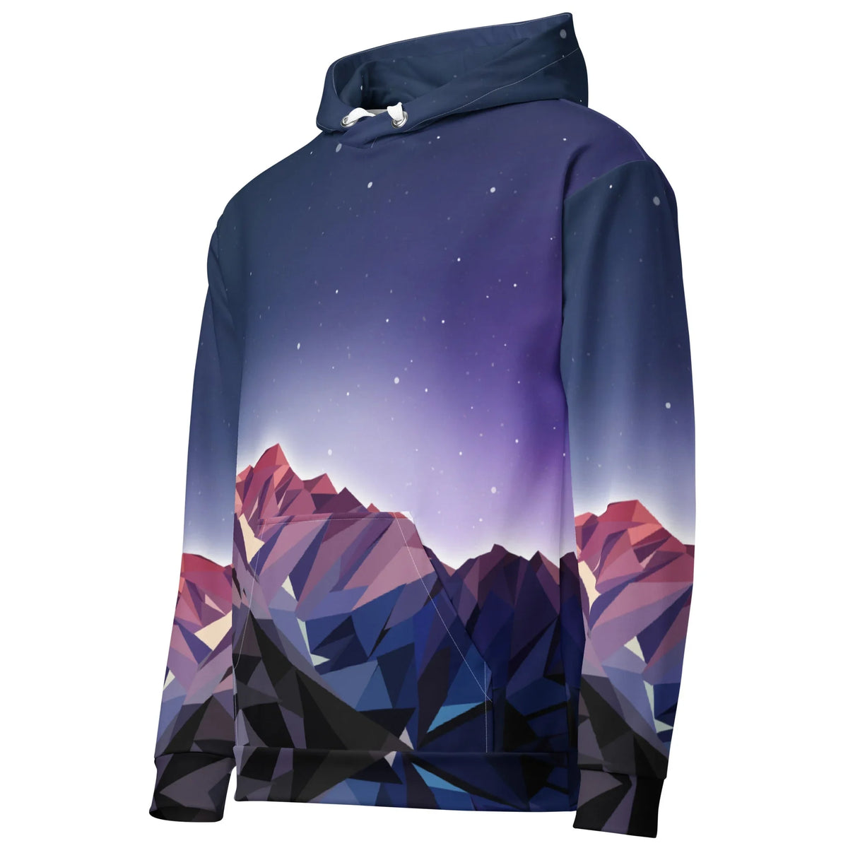 Poly Mountain Hoodie in Geometric Cosmic Twilight. OEKO-TEX® 100, REACH Compliant, GRS Certified.