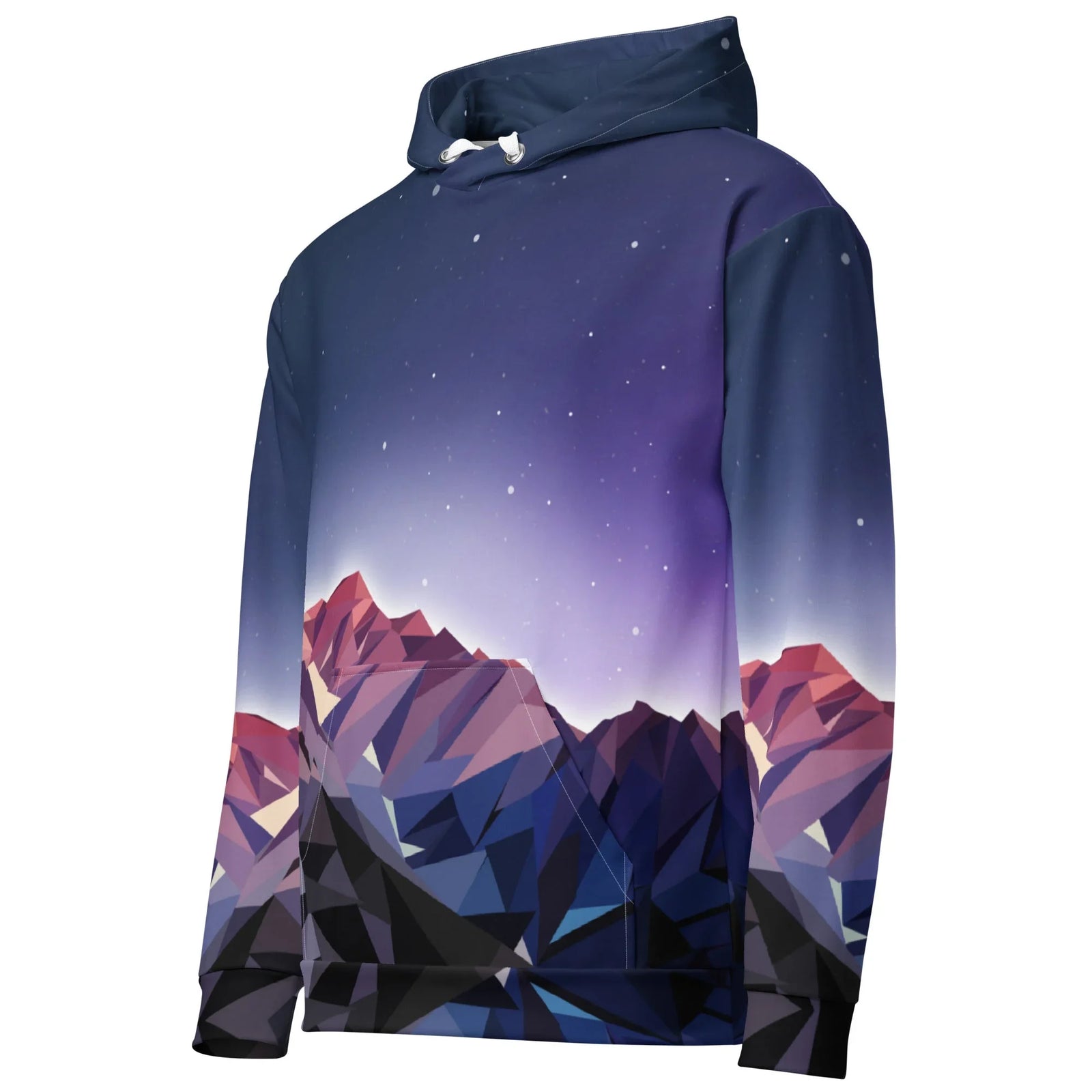 Poly Mountain Hoodie in Geometric Cosmic Twilight. OEKO-TEX® 100, REACH Compliant, GRS Certified.