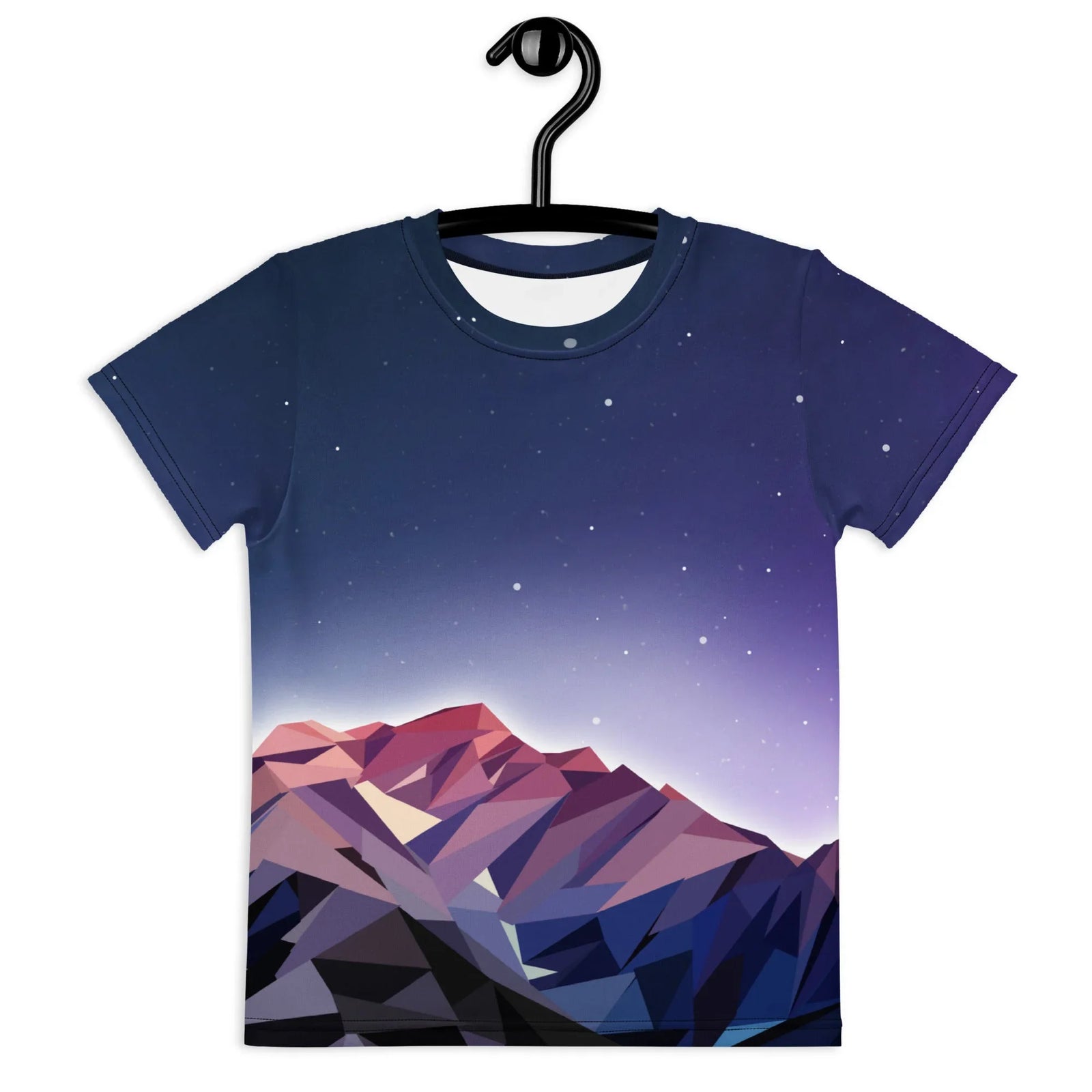A fractured low-poly mountain range anchors the design, featuring tessellated geometric peaks in warm sunset coral and dusty rose. Contact us with accessibility feedback, we'd love to help!