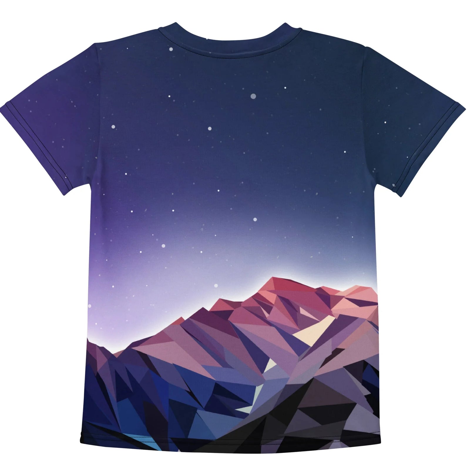 Poly Mountain Kid's Tee - The sharp angular contrast between the sunset coral (#D46A6A) polygonal peaks and the deep midnight indigo (#2B2D5C) gradient sky.
