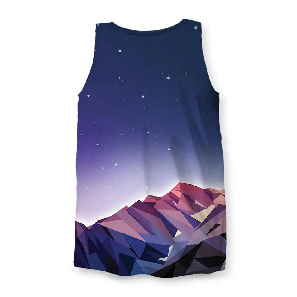 Poly Mountain Men's Tank - The jagged, faceted mountain peaks rendered in geometric coral (#D47686) and dusty rose tones against a cosmic indigo sky (#282C58), imitating early flight simulator graphics