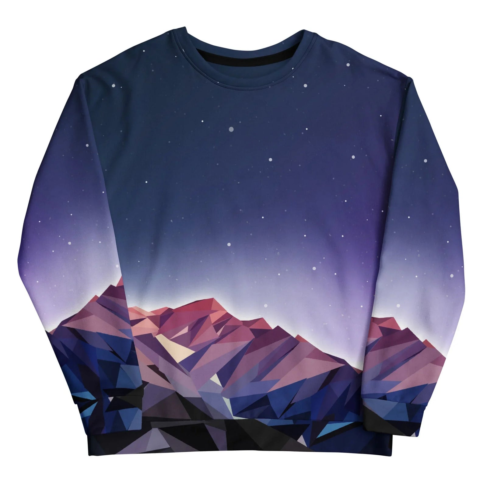 A sharp, low-poly alpine landscape features a majestic mountain range constructed from tessellated triangular facets—creating a surreal 3D geometric effect. Contact us with accessibility feedback, we'd love to help!