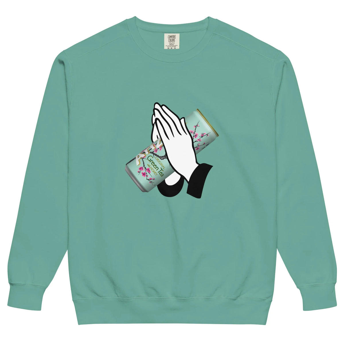 A dusty seafoam green sweatshirt features a satirical chest graphic: two white-gloved hands pressed together in prayer, reverently clutching a tall aluminum can. Contact us with accessibility feedback, we'd love to help!