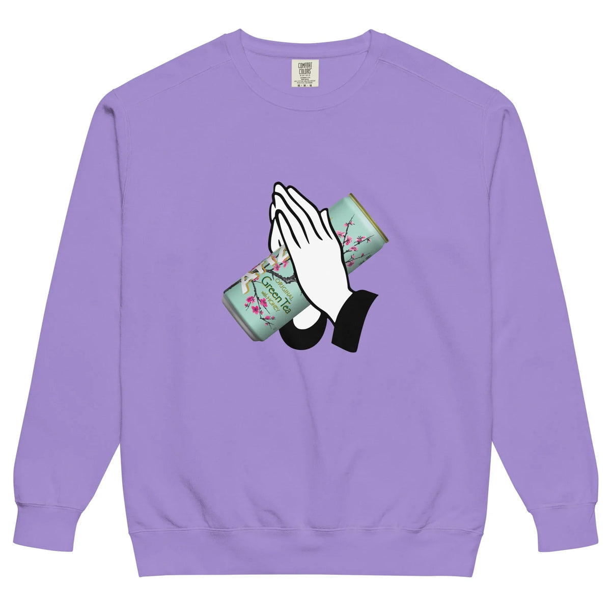 Praise Arizona Sweatshirt - The distinctive seafoam teal and magenta cherry blossom pattern (#A3D6CA and #E86CA6) on the aluminum can cylinder.