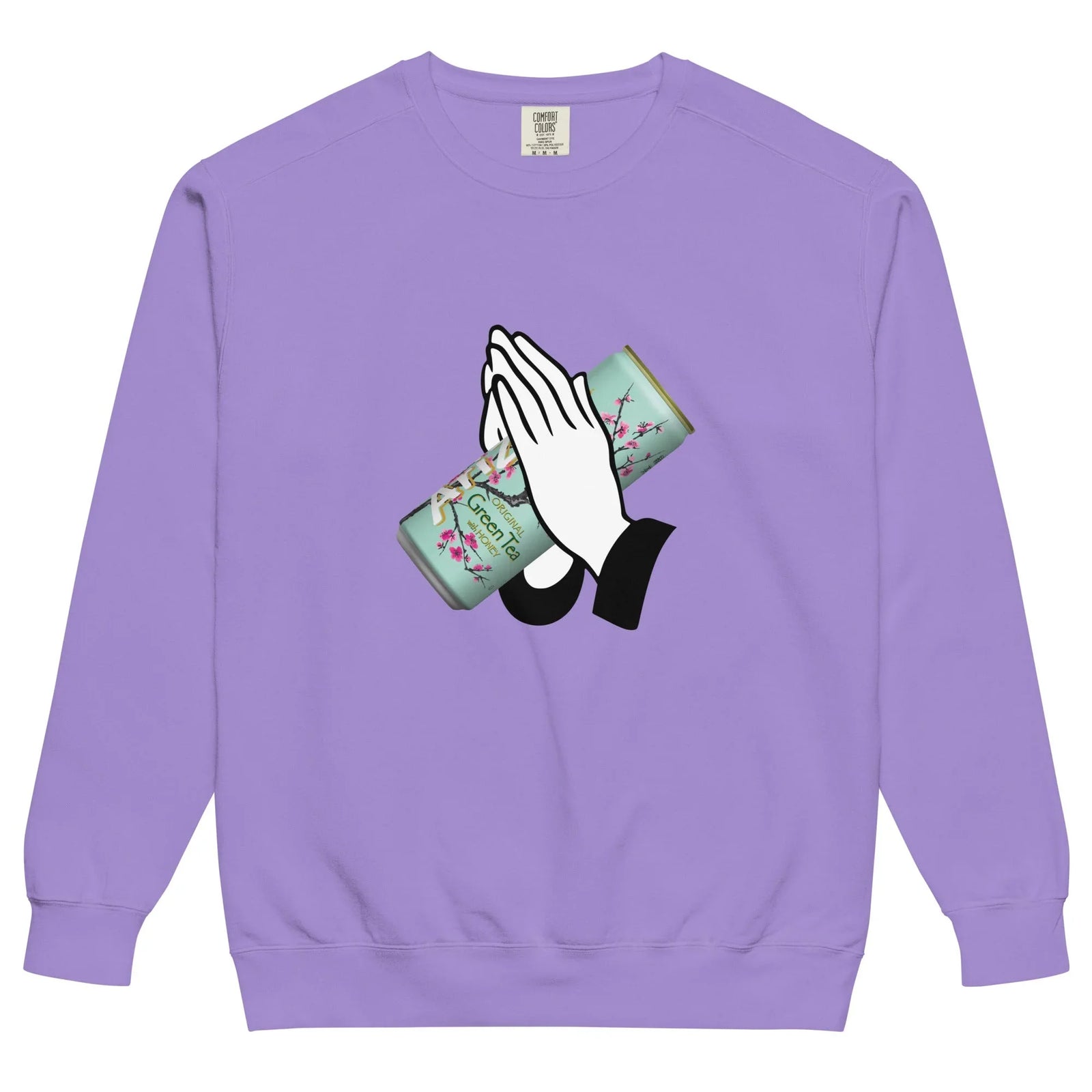 Praise Arizona Sweatshirt - The distinctive seafoam teal and magenta cherry blossom pattern (#A3D6CA and #E86CA6) on the aluminum can cylinder.