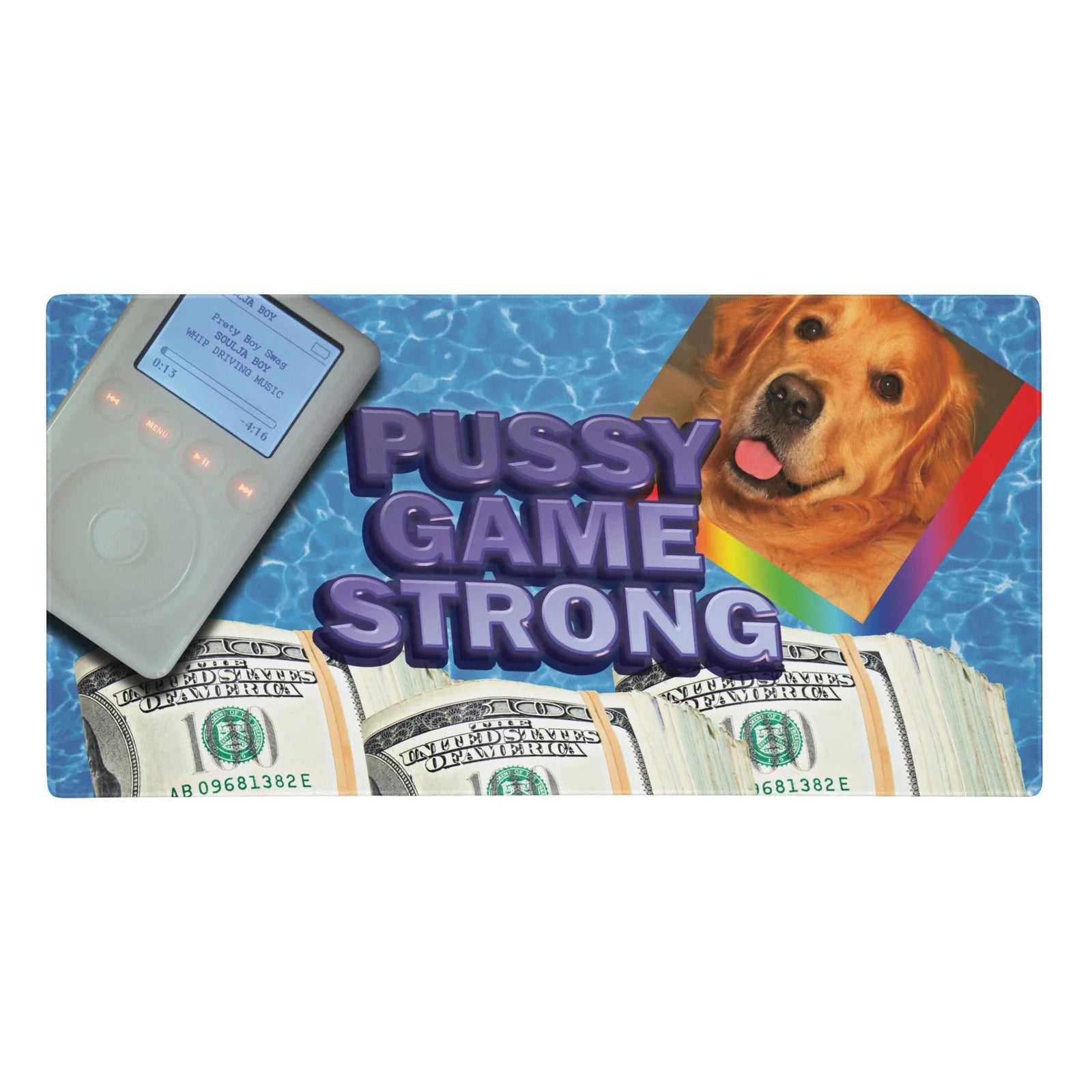 A chaotic meme collage floats over rippling poolside azure blue water, anchored by grape soda purple 3D bubble letters declaring "PUSSY GAME STRONG." A platinum grey iPod (displaying mid-2000s hip-hop tracks) sits left while a golden retriever photo with retro rainbow border occupies the right. Contact us with accessibility feedback, we'd love to help!