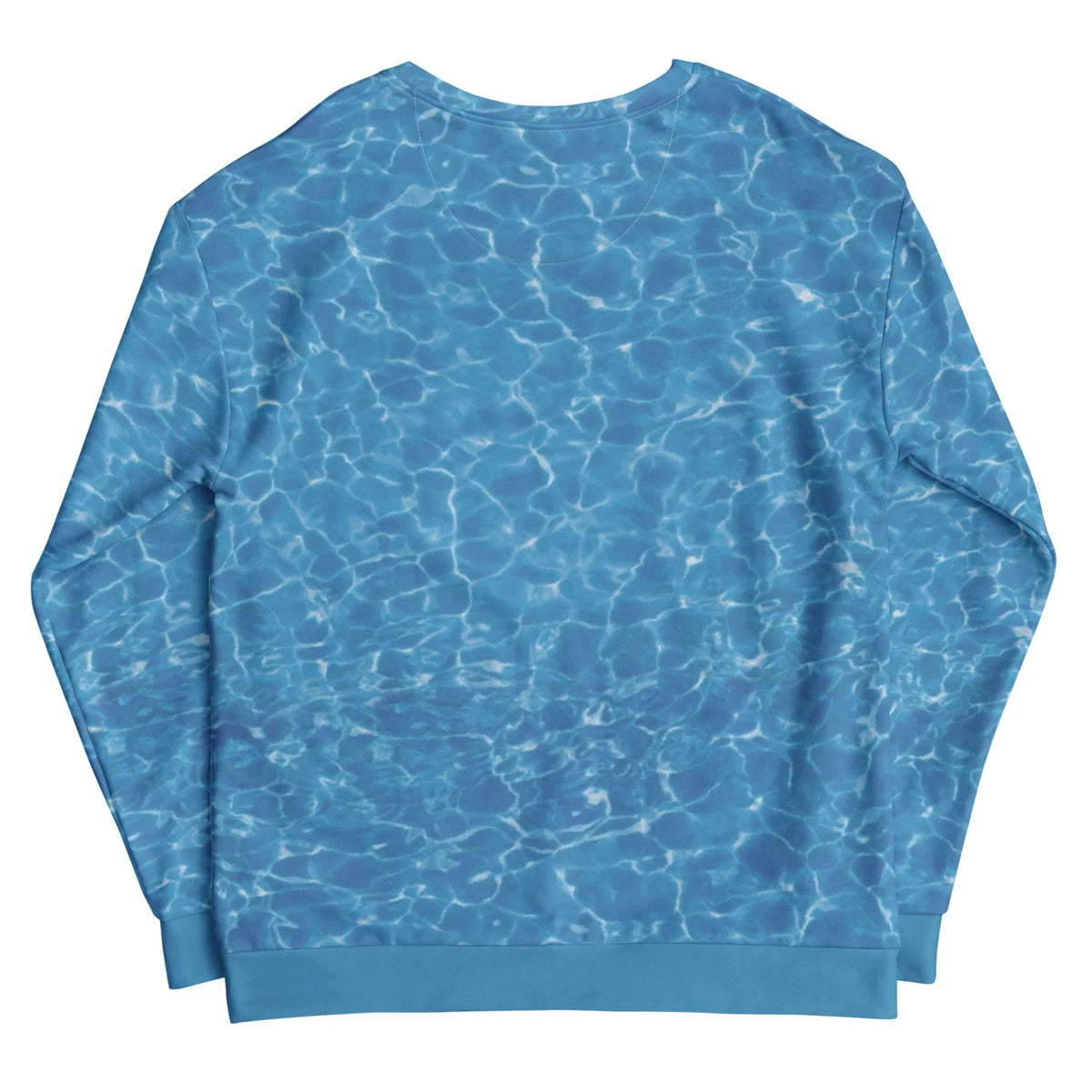 Pussy Game Strong Sweatshirt - The jarring contrast of the chunky royal violet (#5D478B) bubble typography against the serene, synthetic poolside azure (#4293D6) ripple texture