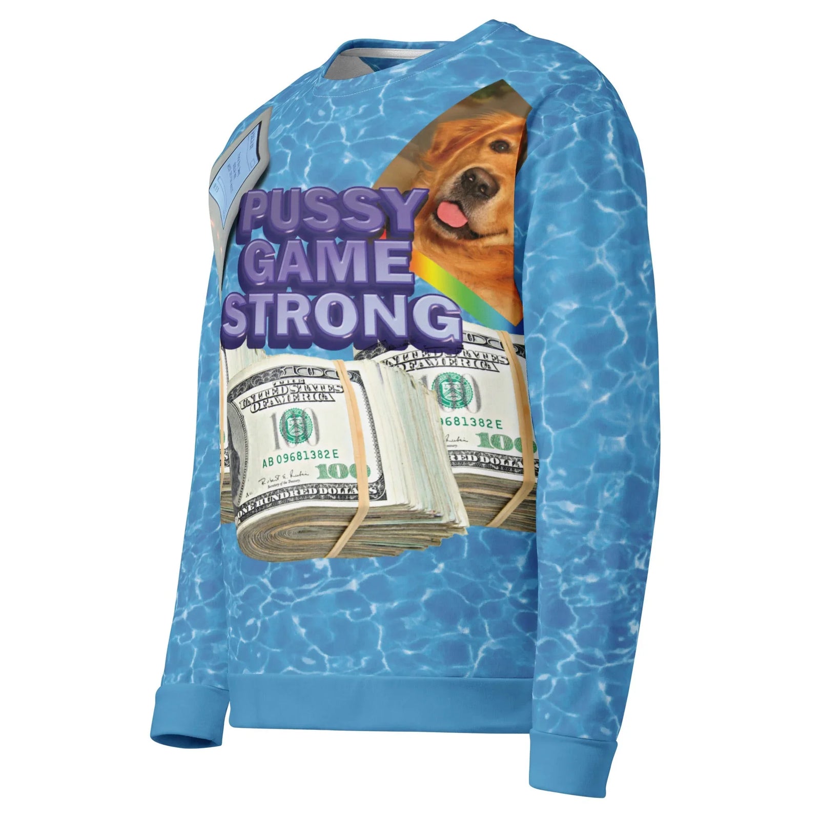 Pussy Game Strong Sweatshirt in Poolside Digital Azure. OEKO-TEX® 100, REACH Compliant, GRS Certified.